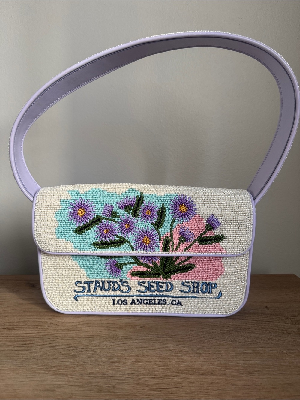 STAUD Beaded Floral Shoulder Bag in Lavender and Cream